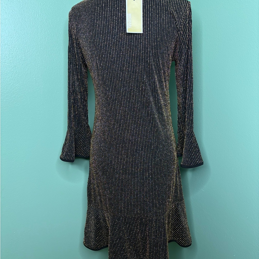 NWT MICHAEL Michael Kors Black and Gold Long Sleeve Dress small - Picture 5 of 11